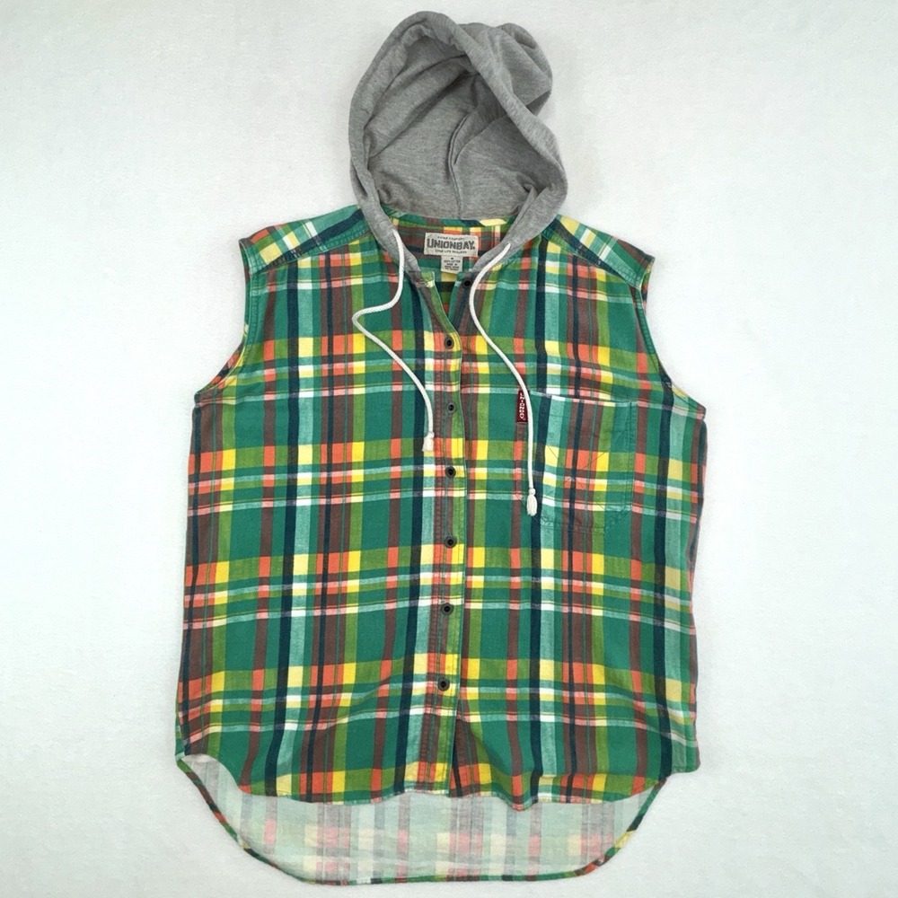 Vintage‎ 90s Unionbay Hooded Sleeveless Plaid Shirt Green M Cotton